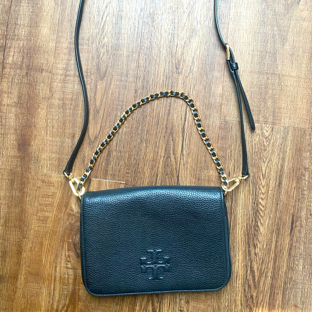 Tory Burch Flap Clutch, Shoulder/Crossbody Bag with Leather & Gold Metal Chain